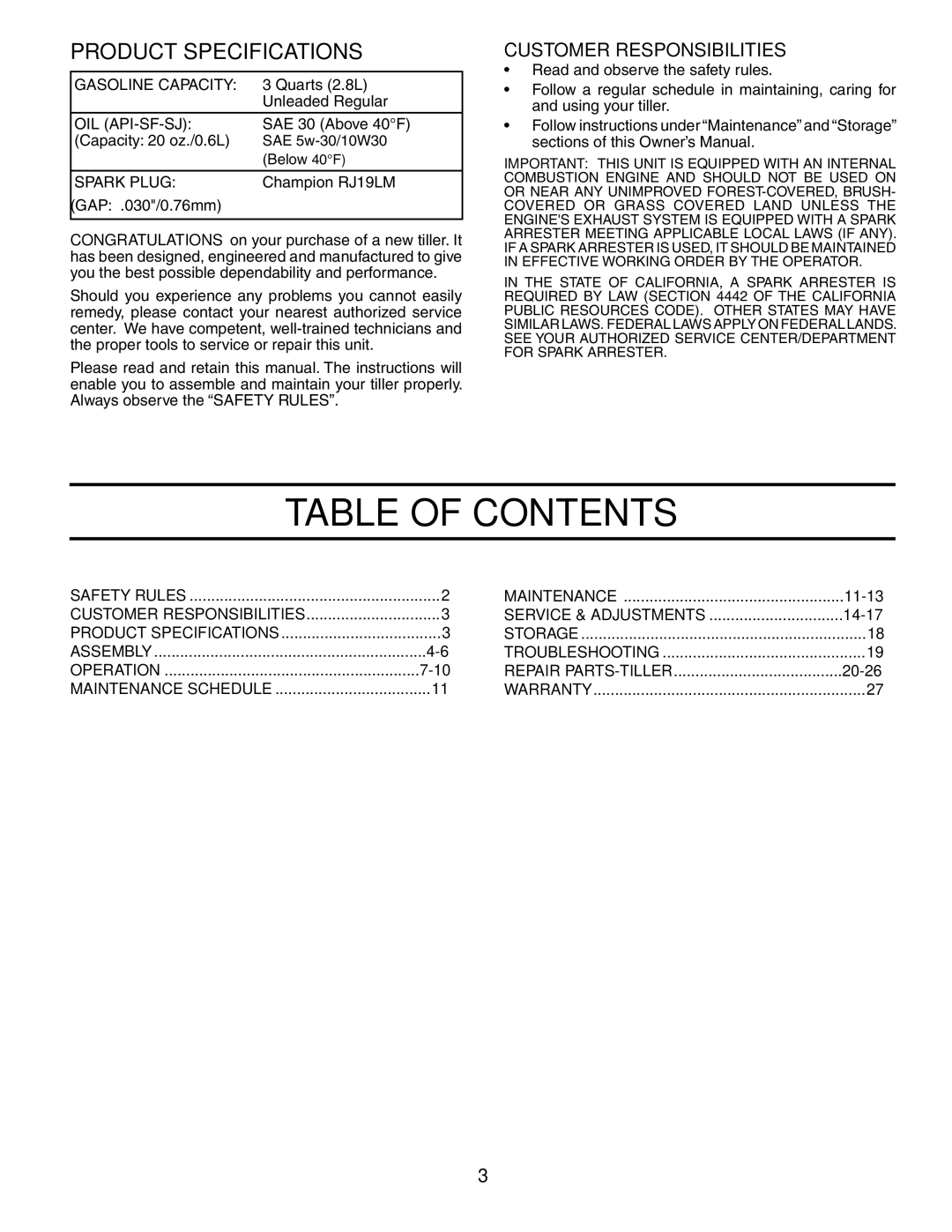 Poulan 181121 owner manual Table of Contents 