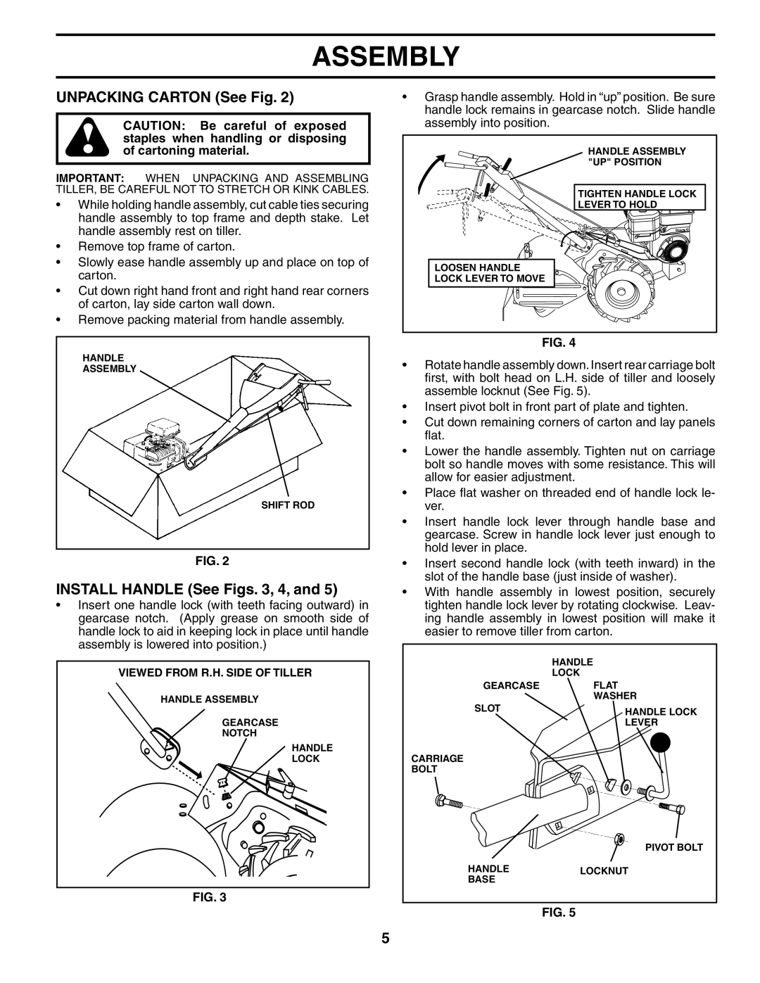 Poulan 181121 owner manual Unpacking Carton See Fig, Install Handle See Figs , 4 