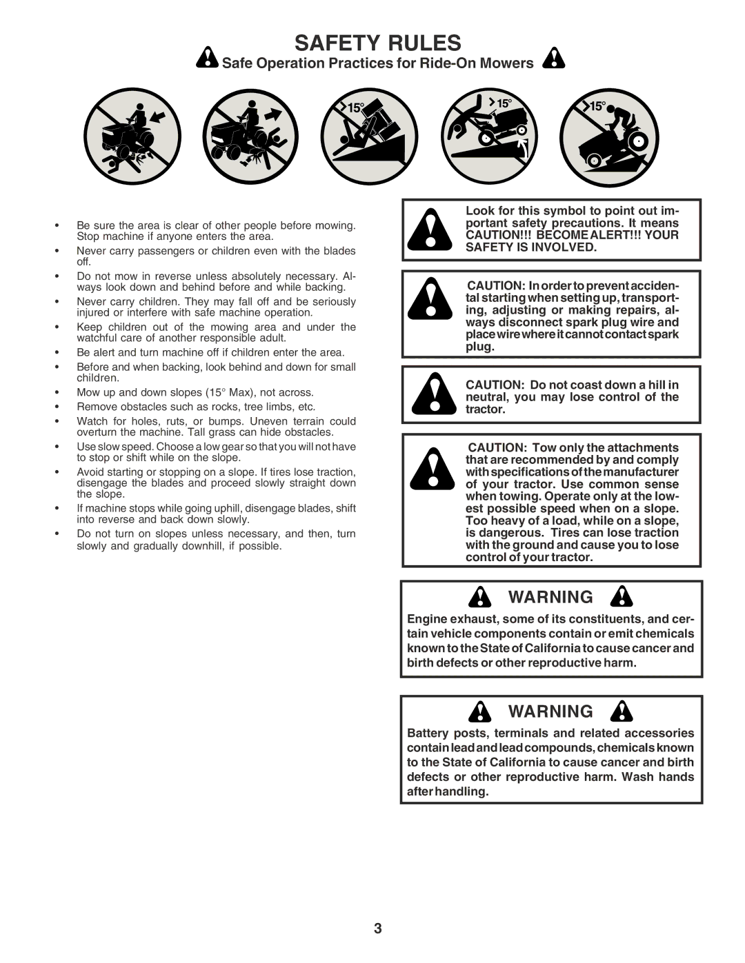 Poulan 181223 manual Safety Rules, Safe Operation Practices for Ride-On Mowers 