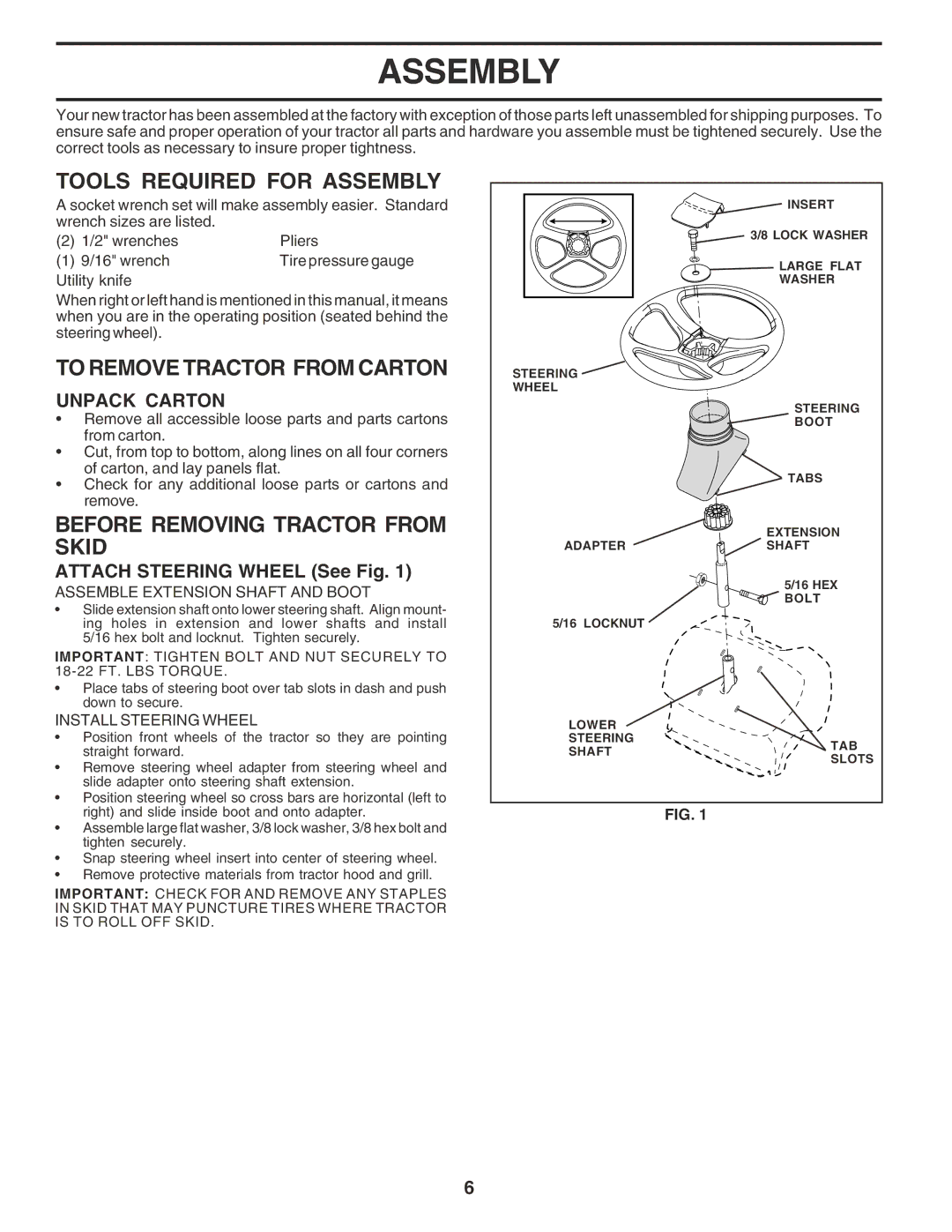 Poulan 181223 manual Tools Required for Assembly, To Remove Tractor from Carton, Before Removing Tractor from Skid 