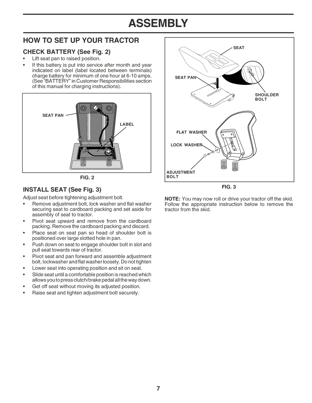 Poulan 181223 manual HOW to SET UP Your Tractor, Check Battery See Fig, Install Seat See Fig 