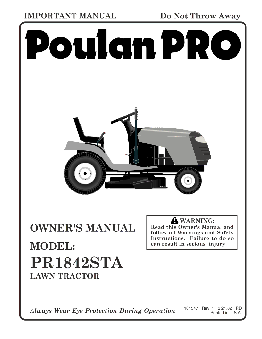 Poulan 181347 owner manual PR1842STA 