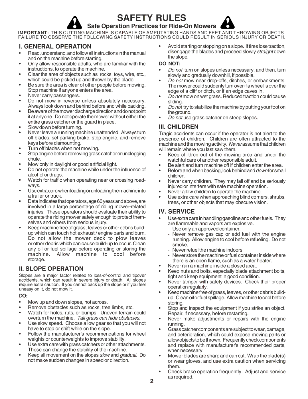 Poulan 181347 Safe Operation Practices for Ride-On Mowers, General Operation, II. Slope Operation, III. Children 