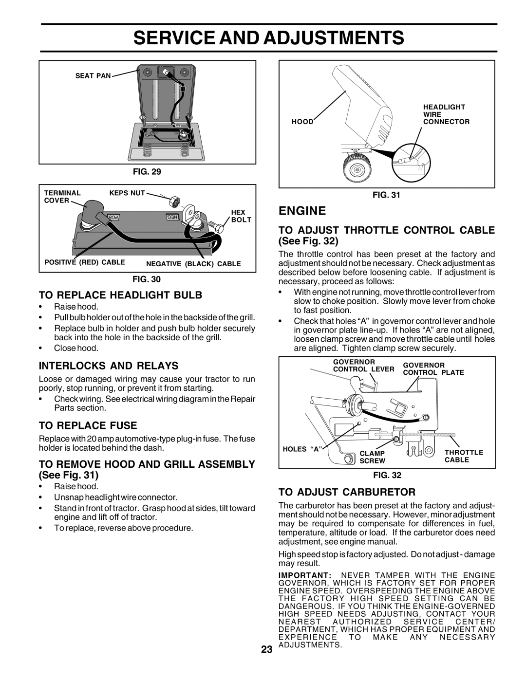 Poulan 181347 owner manual To Replace Headlight Bulb, Interlocks and Relays, To Replace Fuse, To Adjust Carburetor 