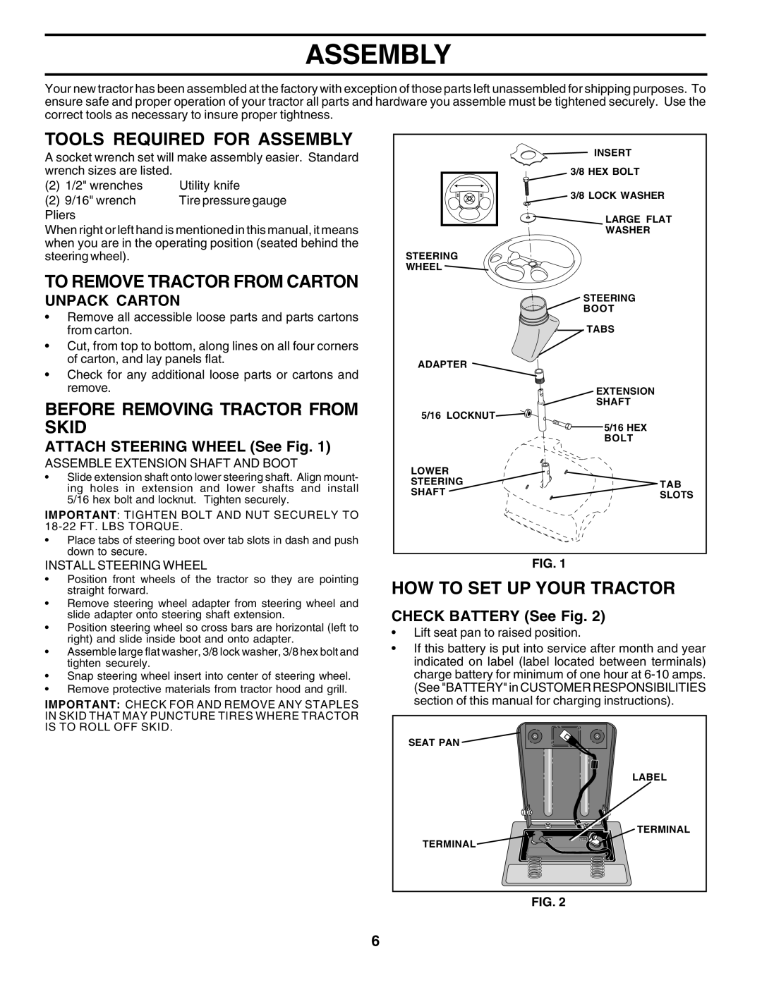 Poulan 181347 Tools Required for Assembly, To Remove Tractor from Carton, Before Removing Tractor from Skid, Unpack Carton 