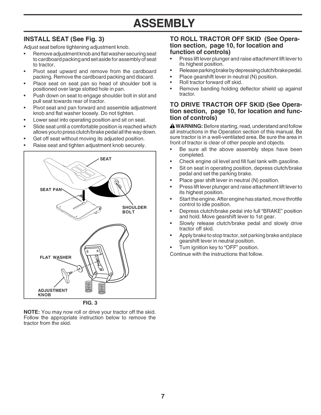 Poulan 181347 owner manual Install Seat See Fig 