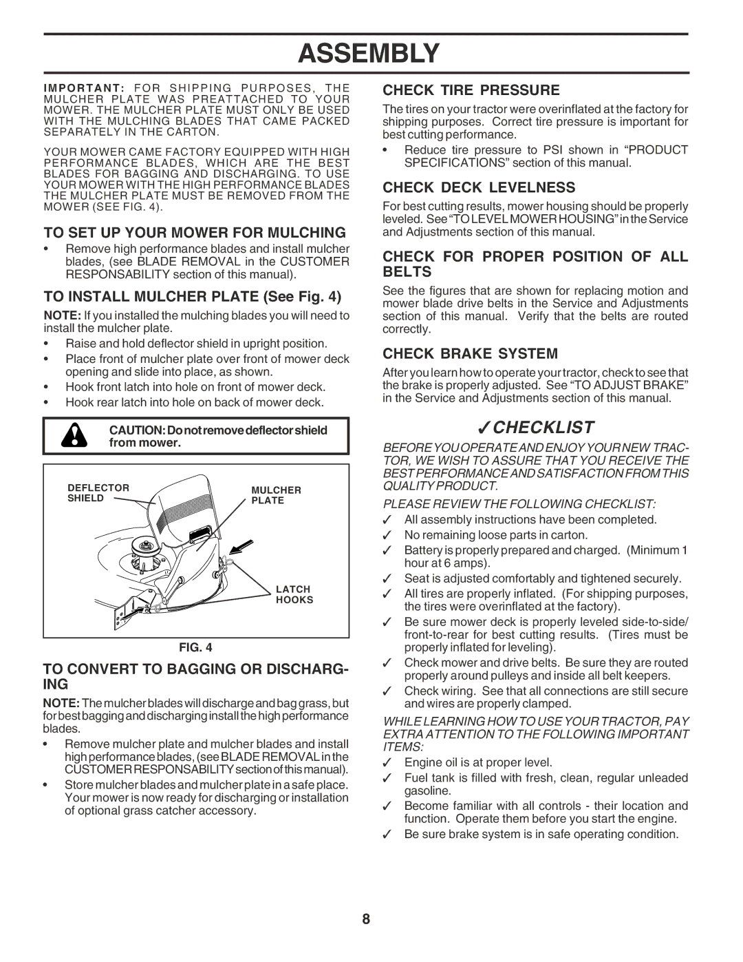 Poulan 181347 owner manual To SET UP Your Mower for Mulching, To Convert to Bagging or DISCHARG- ING, Check Tire Pressure 