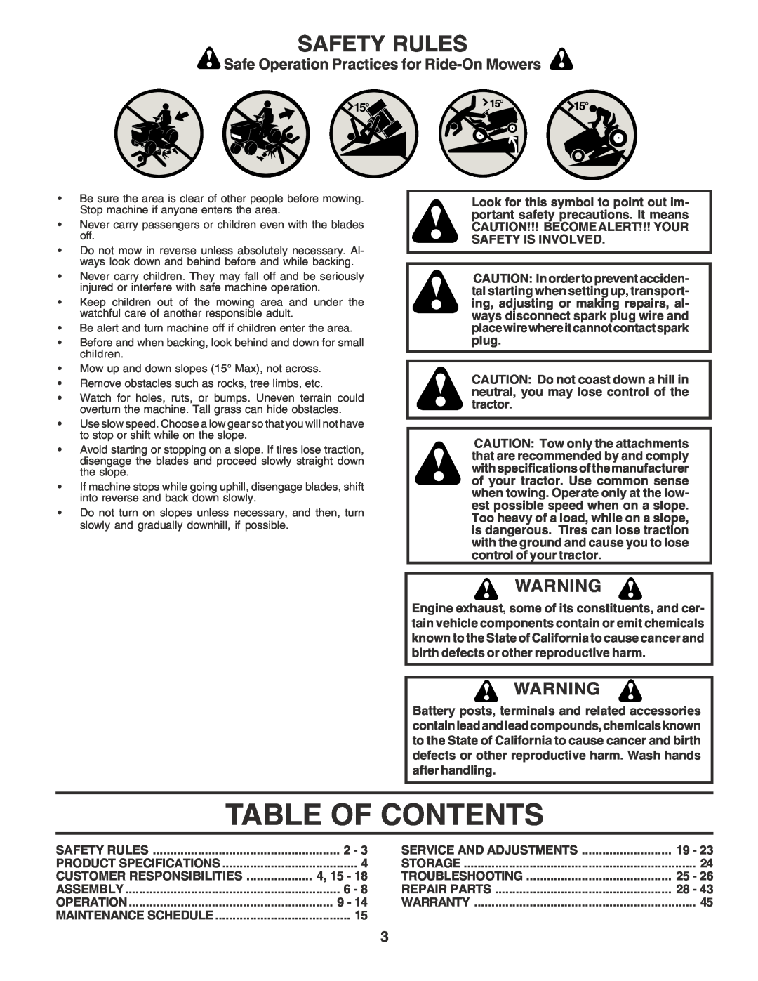 Poulan 181347 owner manual Table Of Contents, Safety Rules, Safe Operation Practices for Ride-On Mowers 