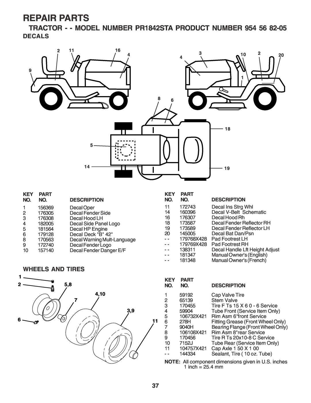 Poulan 181347 owner manual Decals, Wheels And Tires, Repair Parts, TRACTOR - - MODEL NUMBER PR1842STA PRODUCT NUMBER 954 56 