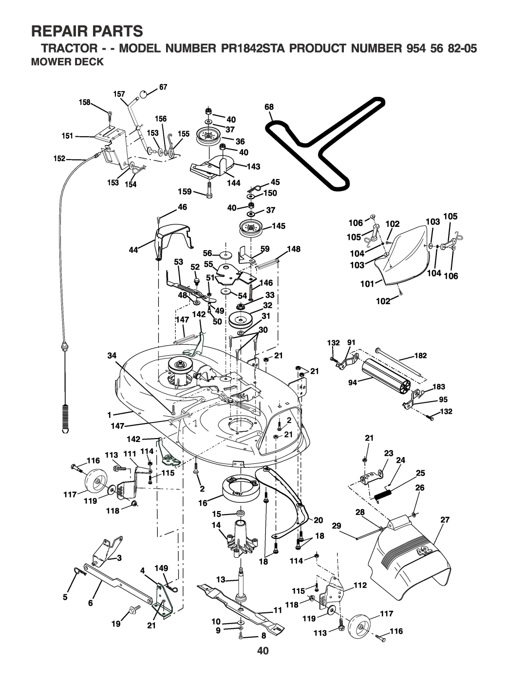Poulan 181347 owner manual Mower Deck, Repair Parts, TRACTOR - - MODEL NUMBER PR1842STA PRODUCT NUMBER 954 56, 103 104 