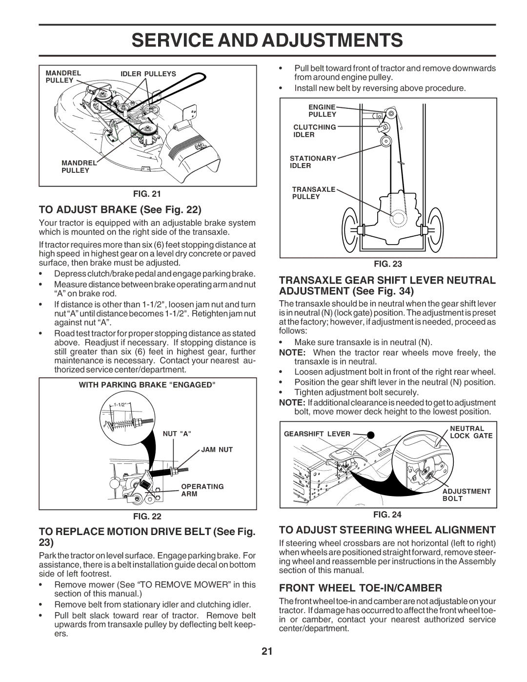 Poulan 181377 To Adjust Brake See Fig, To Replace Motion Drive Belt See Fig, To Adjust Steering Wheel Alignment 