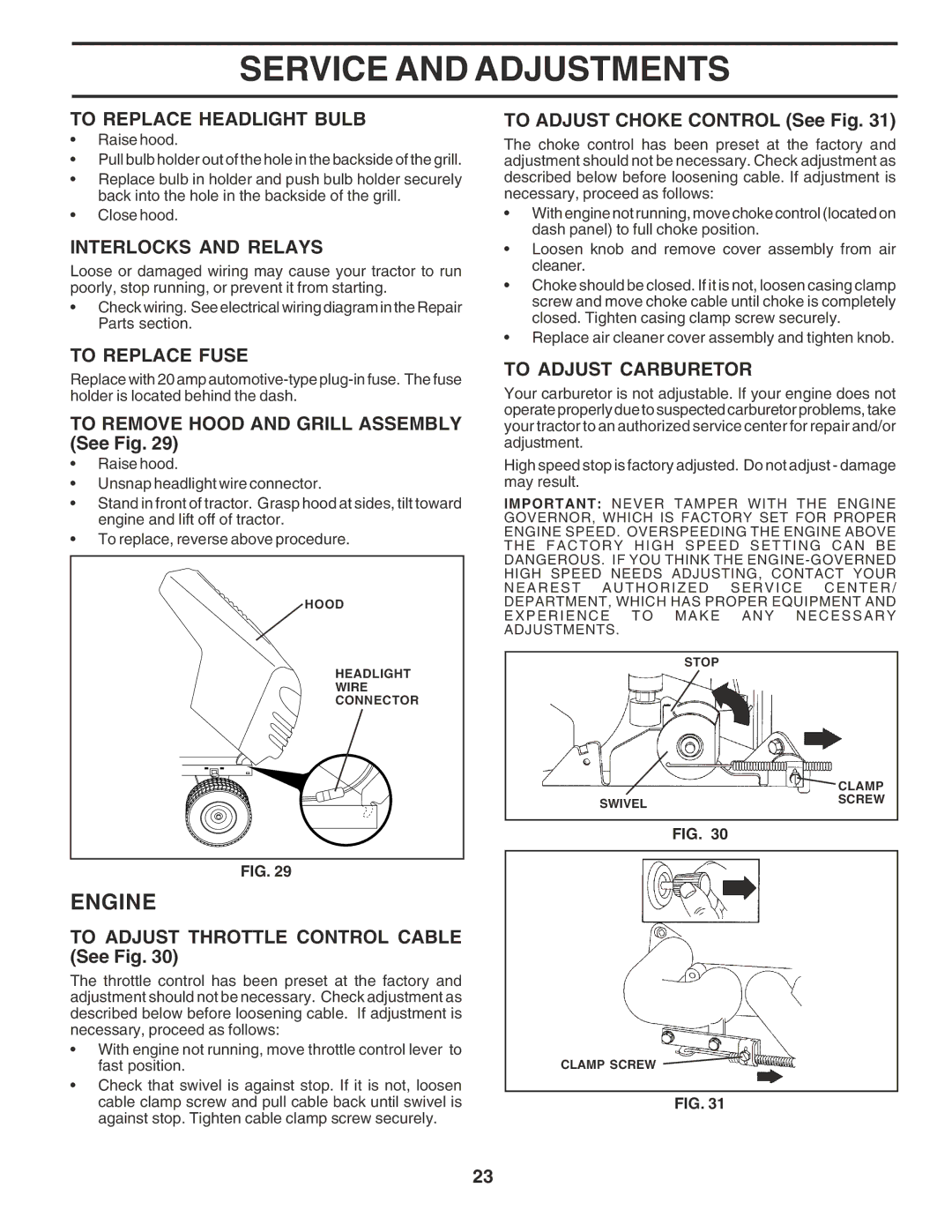 Poulan 181377 owner manual To Replace Headlight Bulb, Interlocks and Relays, To Replace Fuse, To Adjust Carburetor 