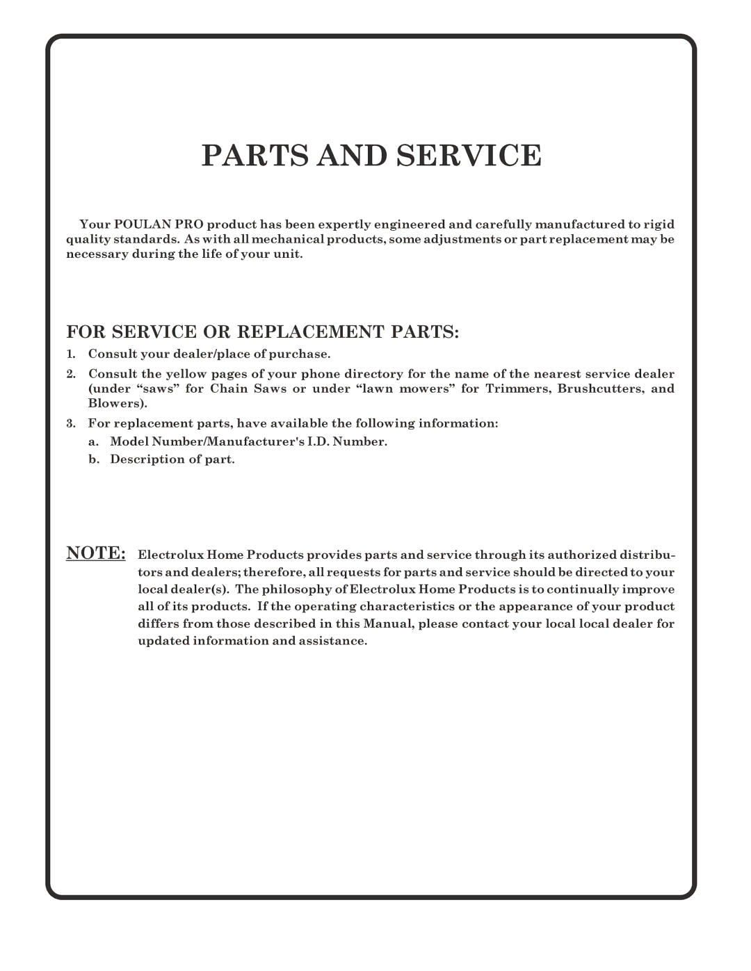 Poulan 181377 owner manual Parts and Service 