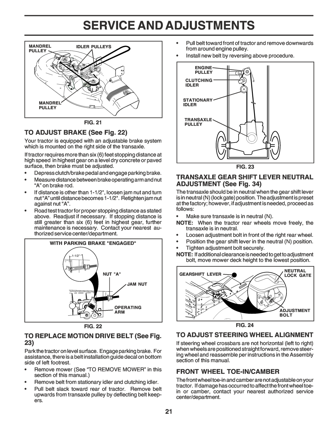 Poulan 181377 TO ADJUST BRAKE See Fig, TO REPLACE MOTION DRIVE BELT See Fig, To Adjust Steering Wheel Alignment 