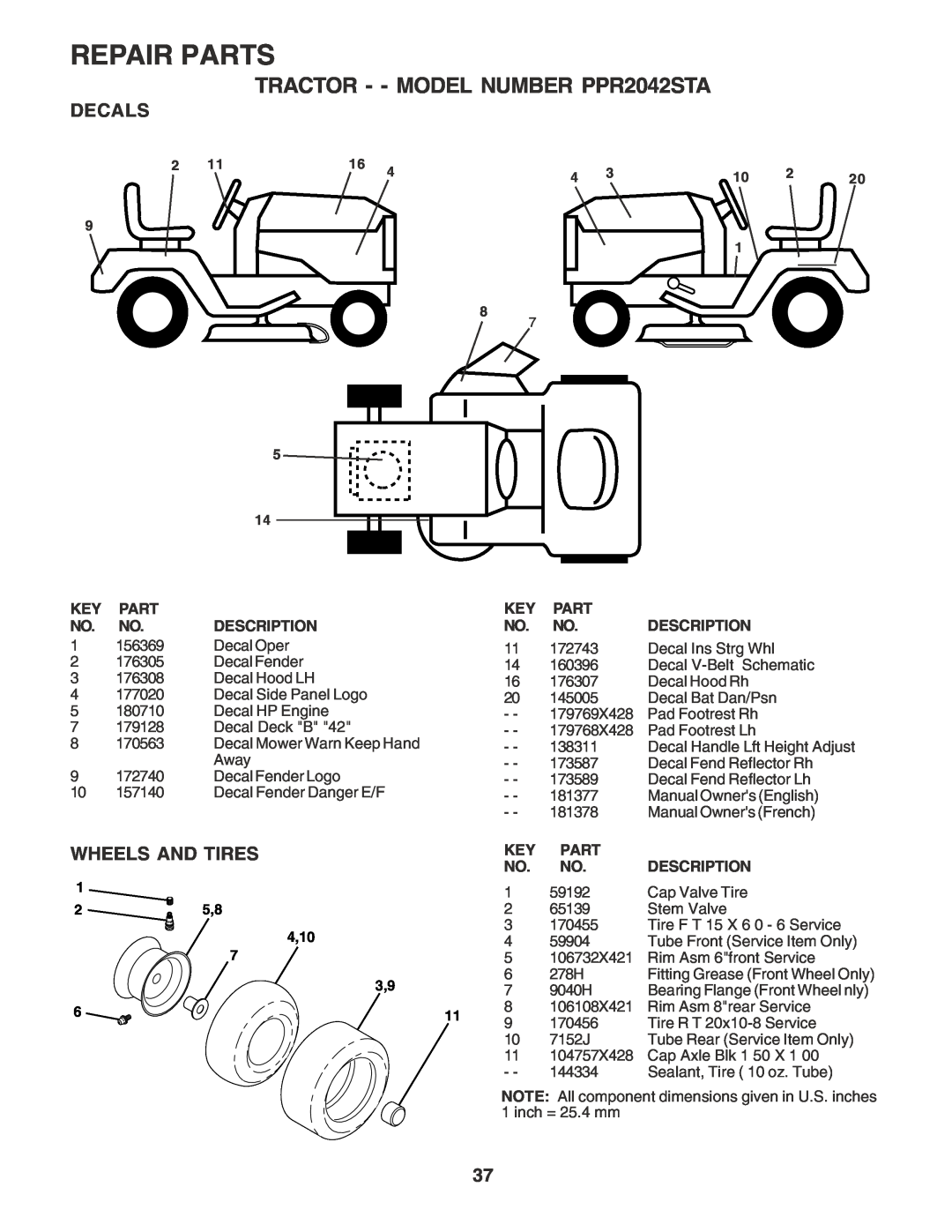 Poulan 181377 owner manual Decals, Wheels And Tires, Repair Parts, TRACTOR - - MODEL NUMBER PPR2042STA, Description 