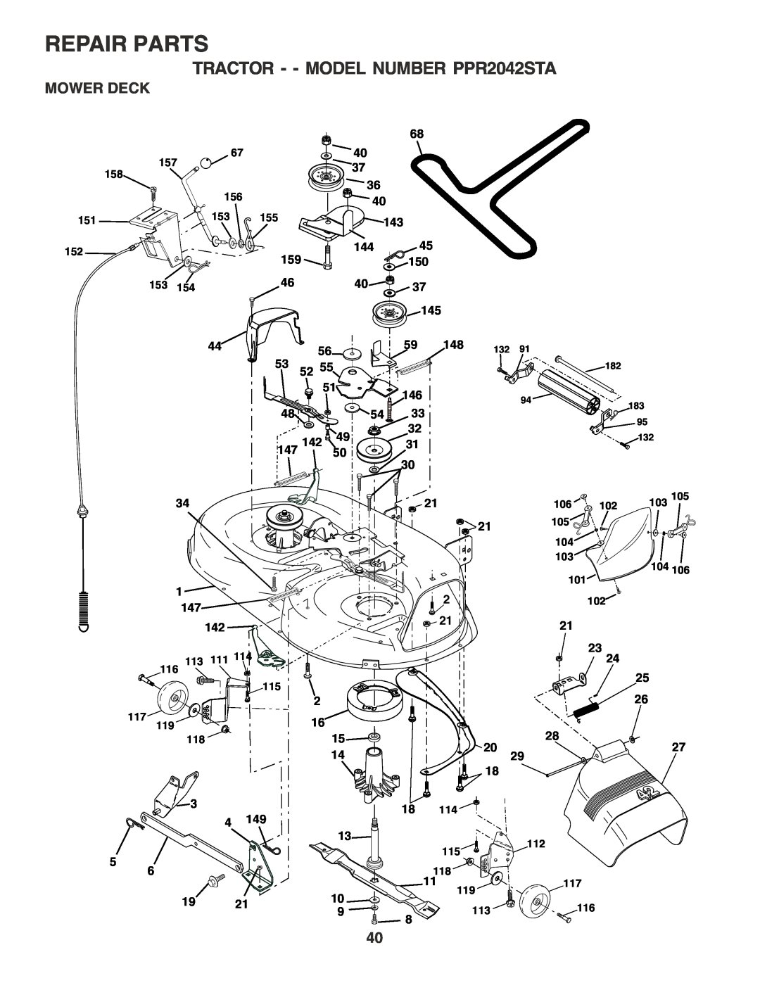 Poulan 181377 owner manual Mower Deck, Repair Parts, TRACTOR - - MODEL NUMBER PPR2042STA 