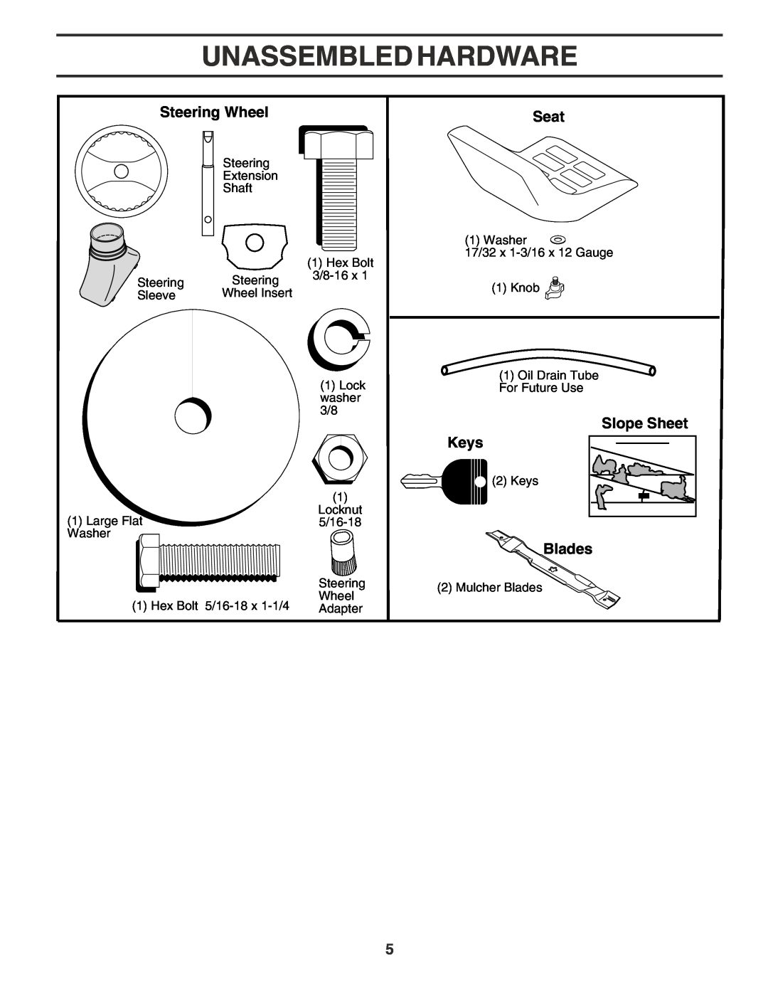 Poulan 181377 owner manual Unassembled Hardware, Steering Wheel, Seat, Slope Sheet Keys, Blades 