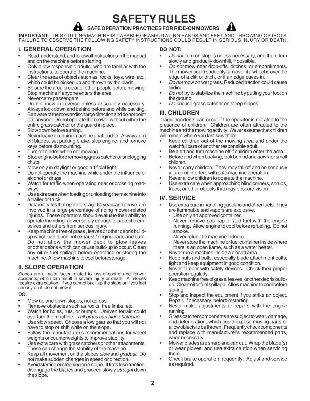 Poulan 182080 manual Safety Rules, General Operation, II. Slope Operation, III. Children, IV. Service 