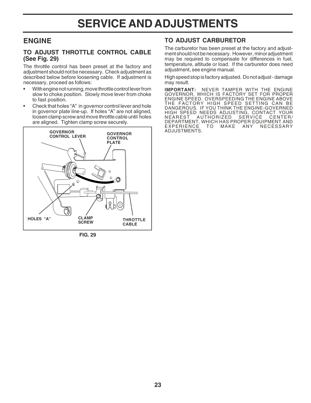 Poulan 182080 manual To Adjust Throttle Control Cable See Fig, To Adjust Carburetor 