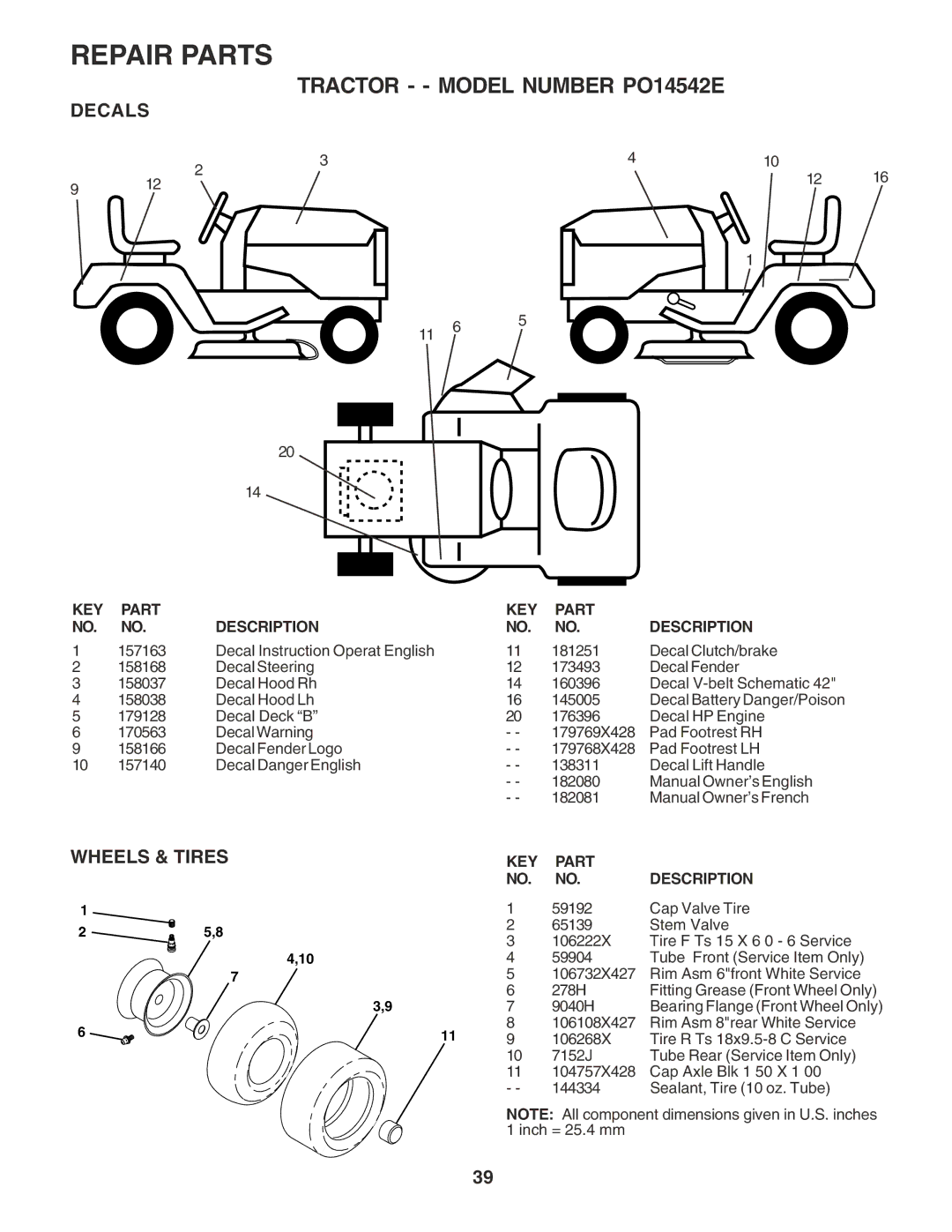 Poulan 182080 manual Decals, Wheels & Tires 