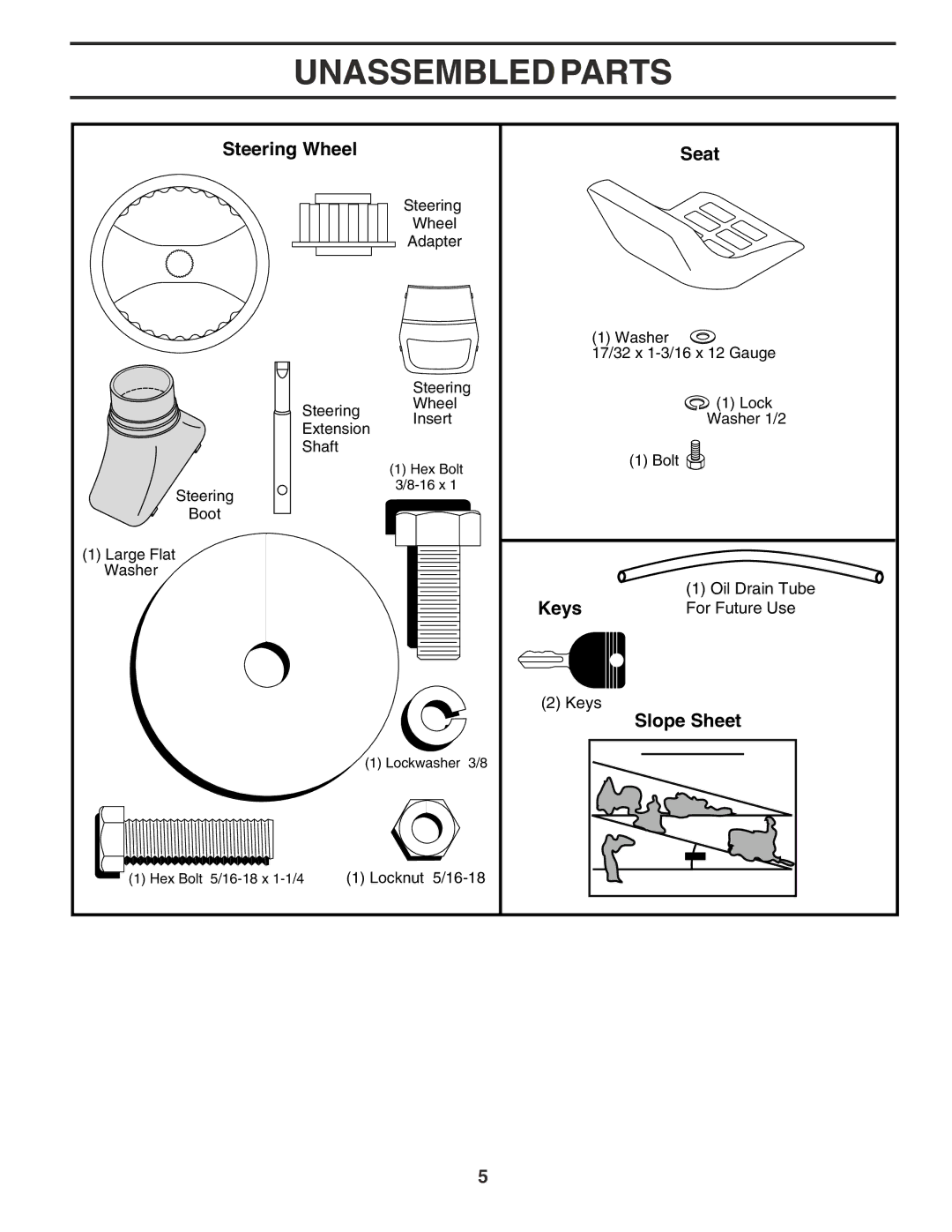 Poulan 182080 manual Unassembled Parts, Steering Wheel Seat, Keys, Slope Sheet 