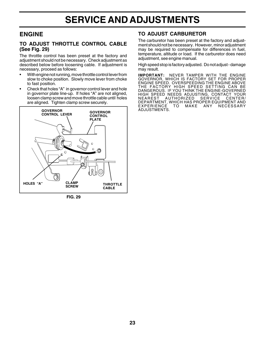 Poulan 182080 manual TO ADJUST THROTTLE CONTROL CABLE See Fig, To Adjust Carburetor, Service And Adjustments, Engine 