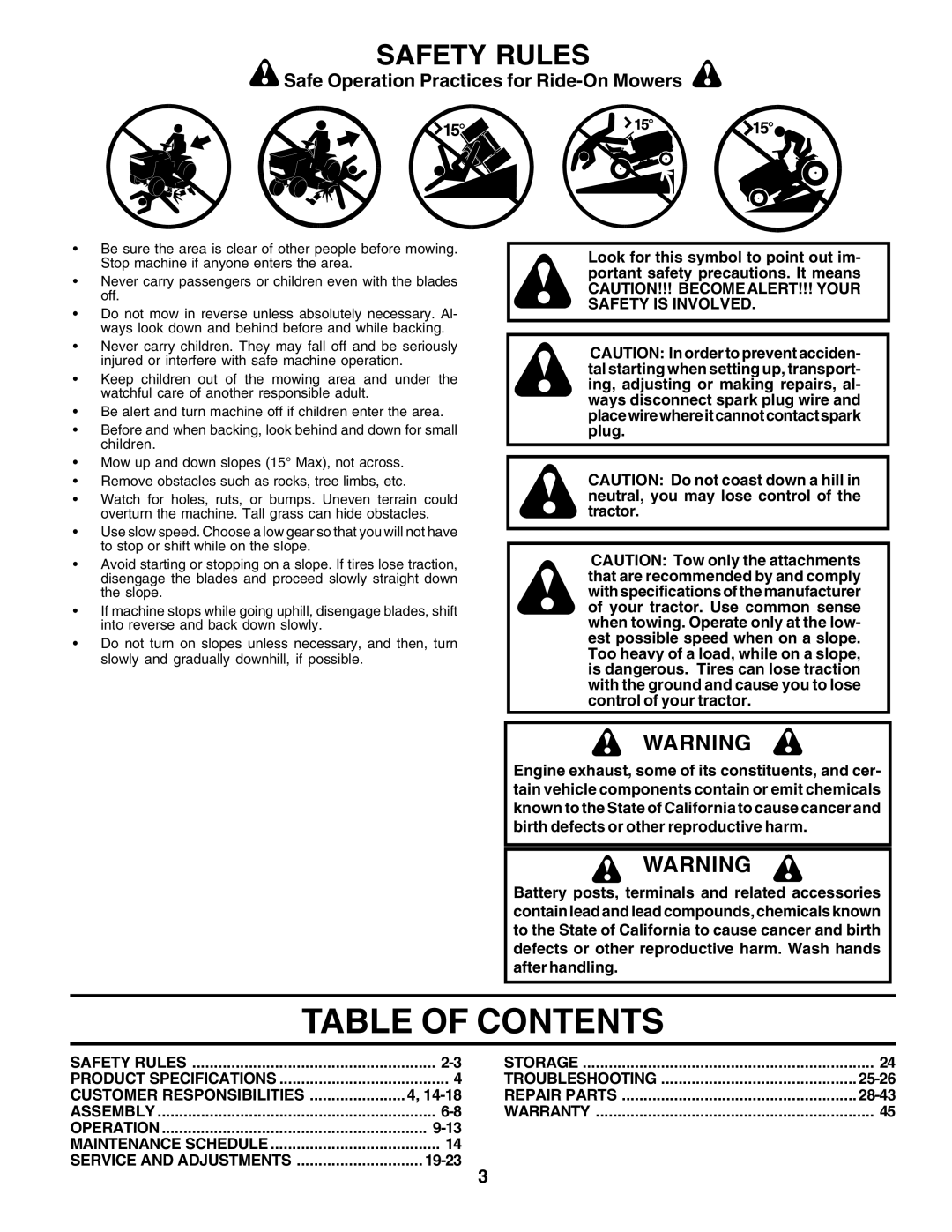 Poulan 182080 manual Table Of Contents, Safety Rules, Safe Operation Practices for Ride-OnMowers 