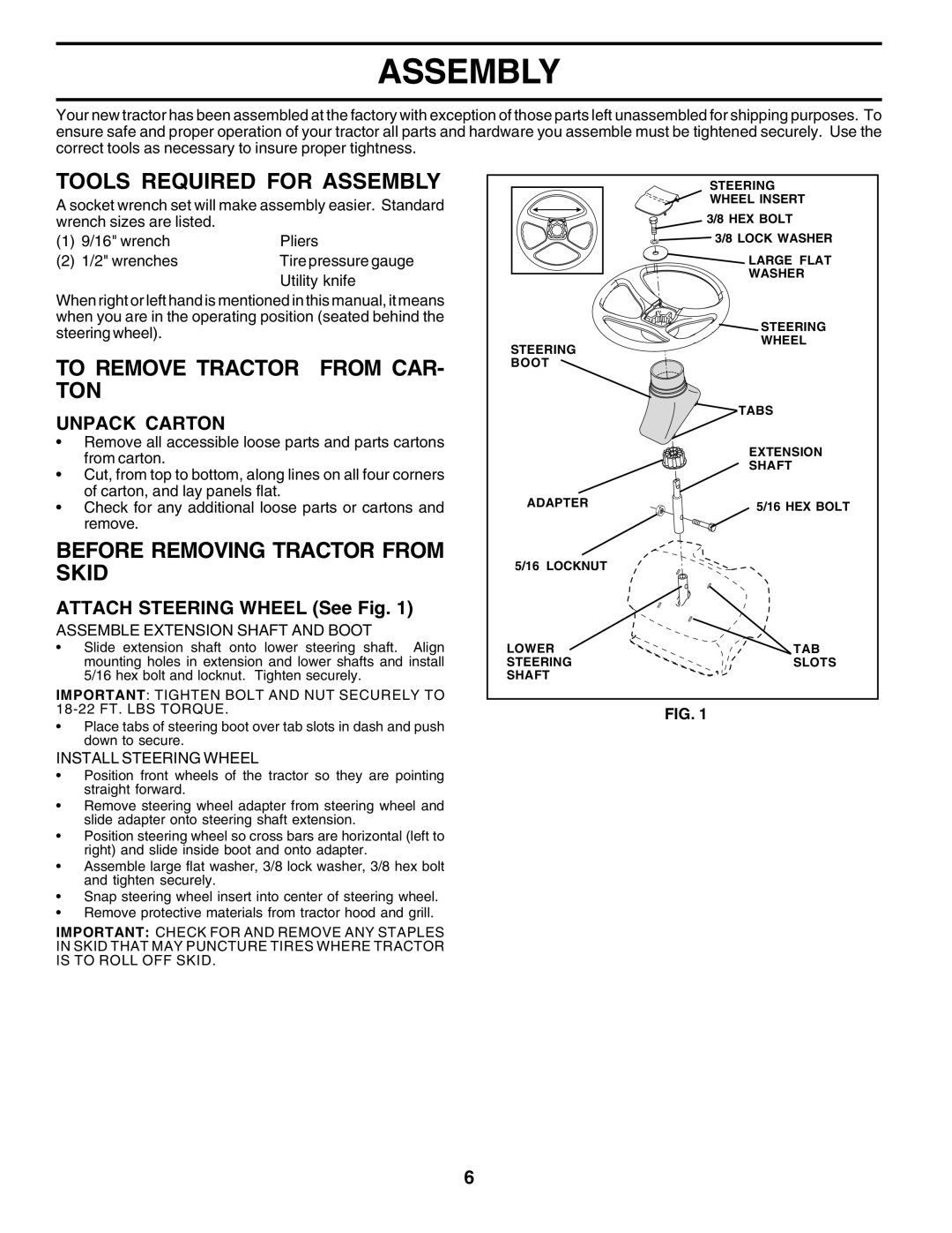 Poulan 182080 manual Tools Required For Assembly, To Remove Tractor From Car- Ton, Before Removing Tractor From Skid 