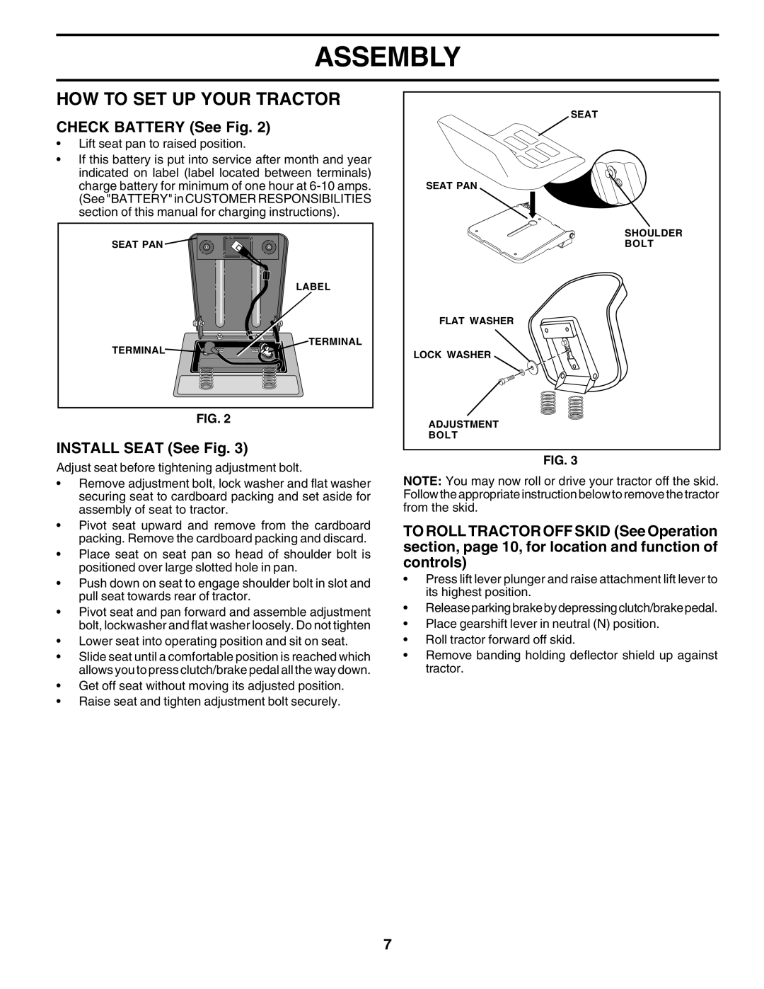 Poulan 182080 manual How To Set Up Your Tractor, CHECK BATTERY See Fig, INSTALL SEAT See Fig, Assembly 