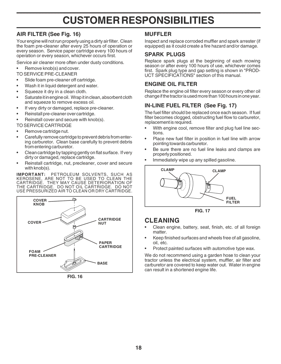 Poulan 182490 owner manual Cleaning, Muffler, Spark Plugs, Engine OIL Filter 