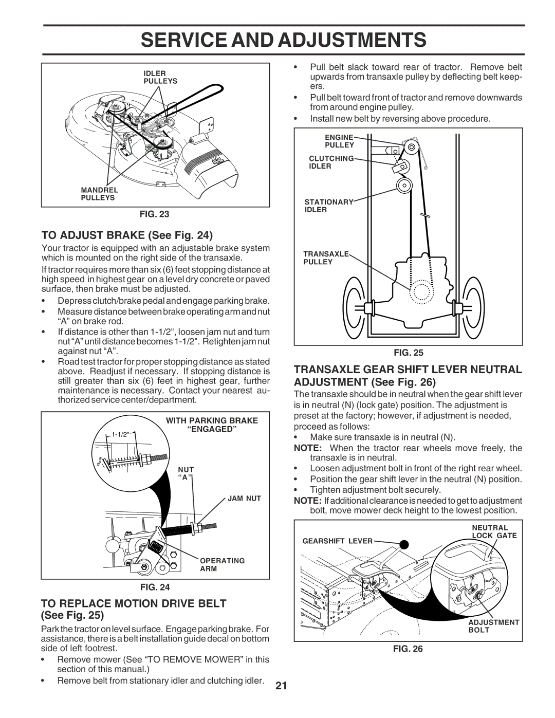 Poulan 182490 owner manual To Adjust Brake See Fig, Transaxle Gear Shift Lever Neutral Adjustment See Fig 