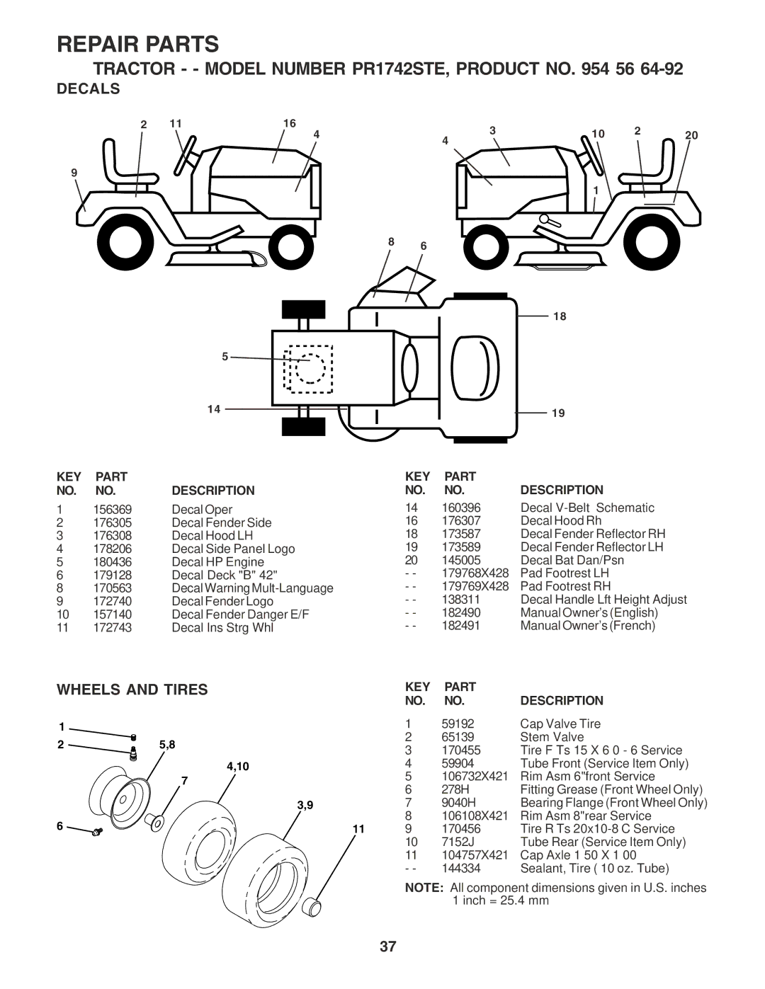 Poulan 182490 owner manual Decals, Wheels and Tires 