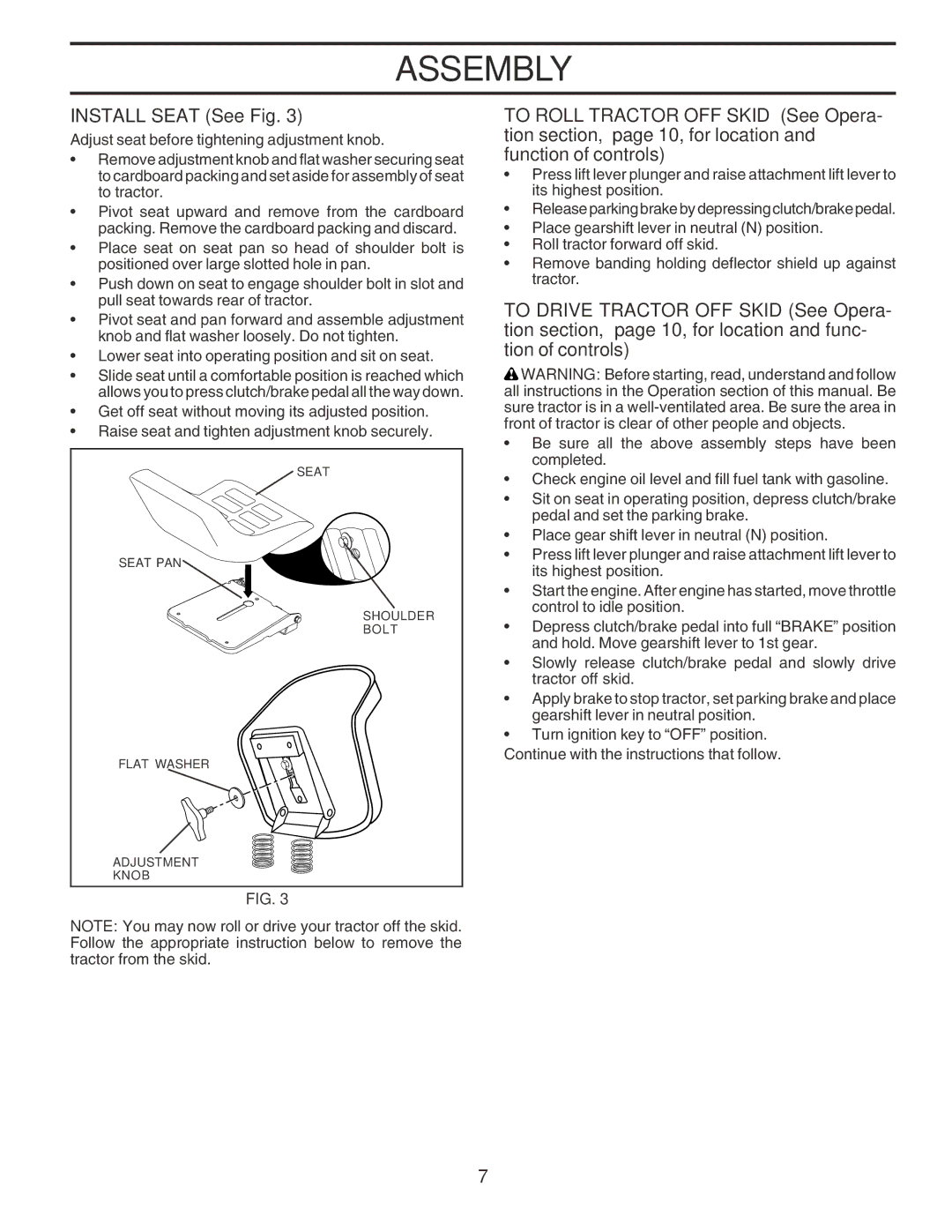 Poulan 182490 owner manual Install Seat See Fig 