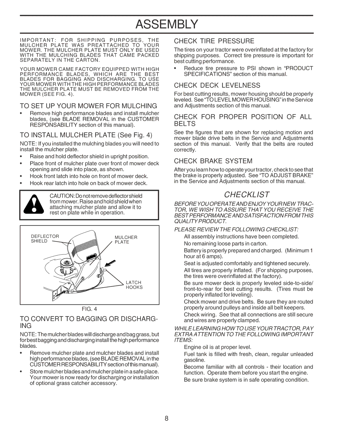 Poulan 182490 owner manual To SET UP Your Mower for Mulching, To Convert to Bagging or DISCHARG- ING, Check Tire Pressure 