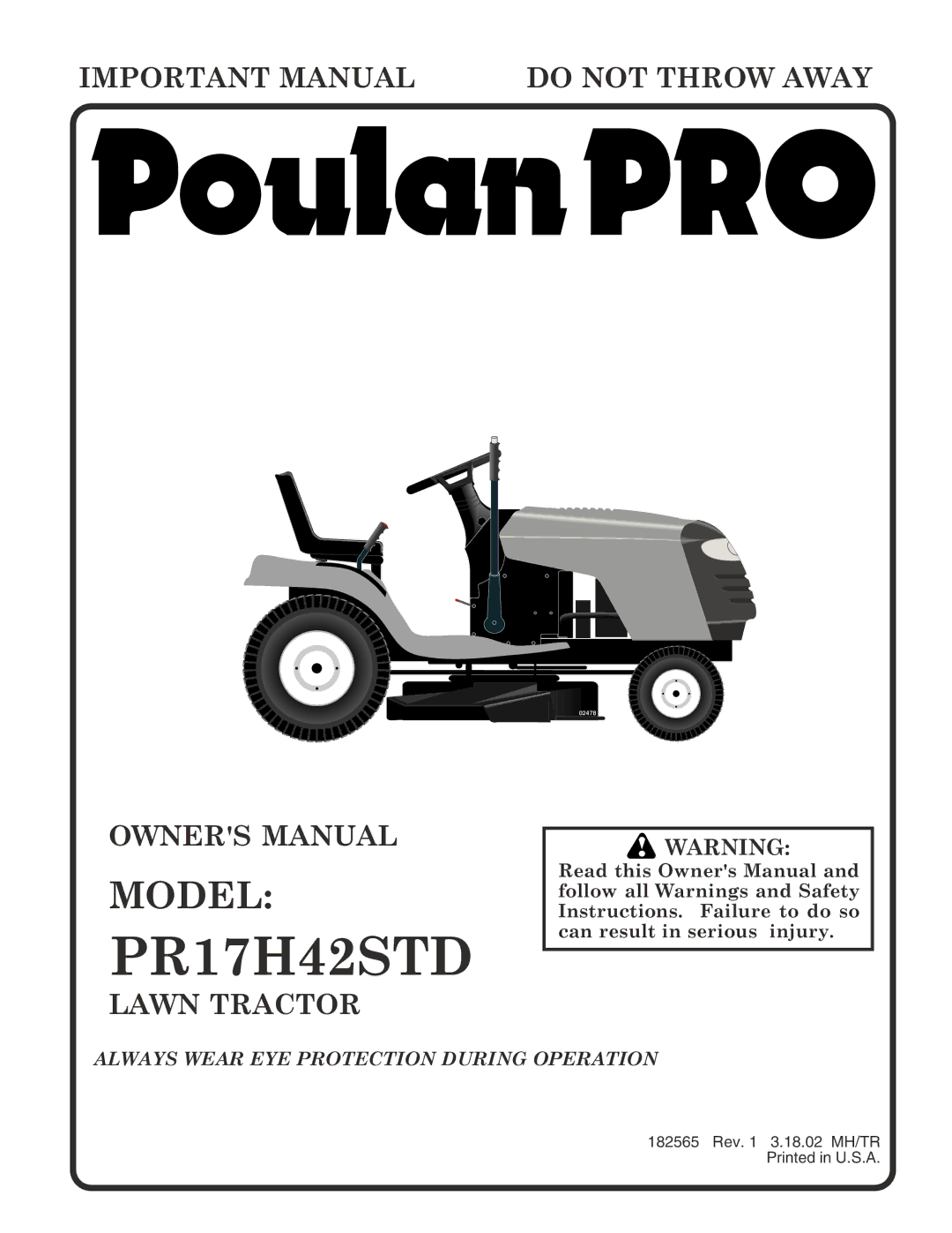 Poulan 182565 owner manual PR17H42STD 