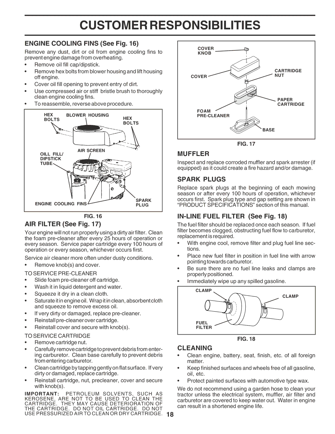 Poulan 182565 owner manual Muffler, Spark Plugs, Cleaning 