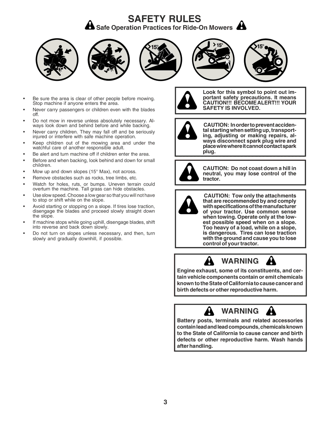 Poulan 182565 owner manual Safety Rules, Safe Operation Practices for Ride-On Mowers 