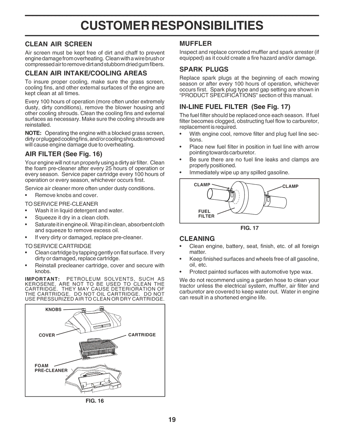 Poulan 182770 owner manual Clean AIR Screen, Clean AIR INTAKE/COOLING Areas, Muffler, Spark Plugs, Cleaning 