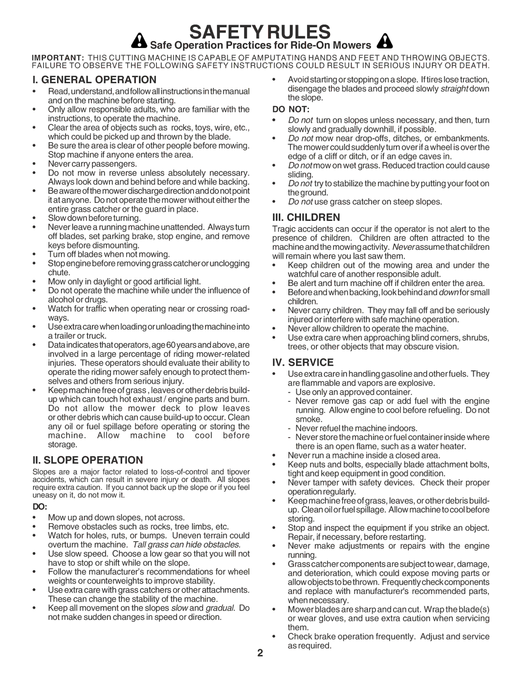 Poulan 182770 owner manual Safety Rules, General Operation, II. Slope Operation, III. Children, IV. Service 