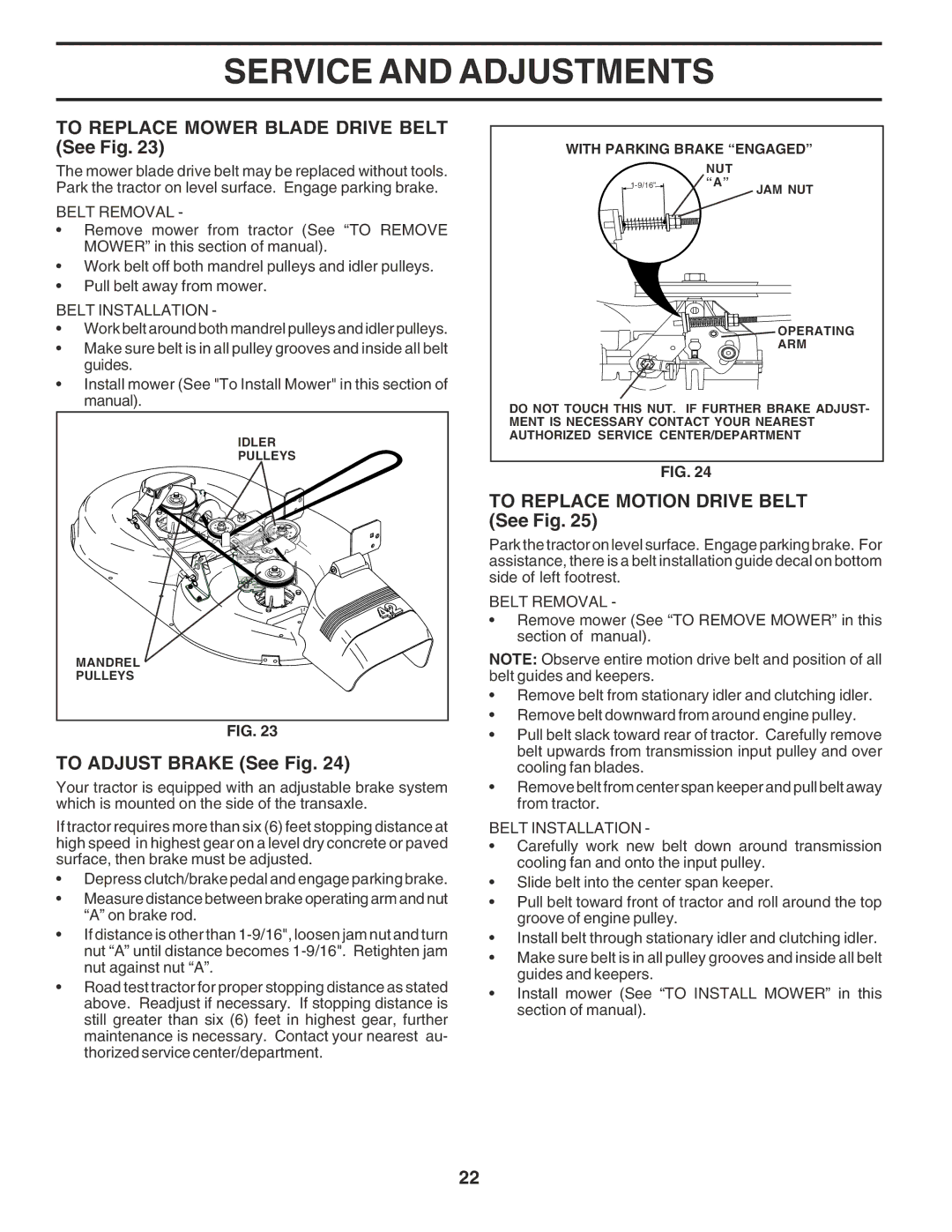 Poulan 182770 To Replace Mower Blade Drive Belt See Fig, To Adjust Brake See Fig, To Replace Motion Drive Belt See Fig 