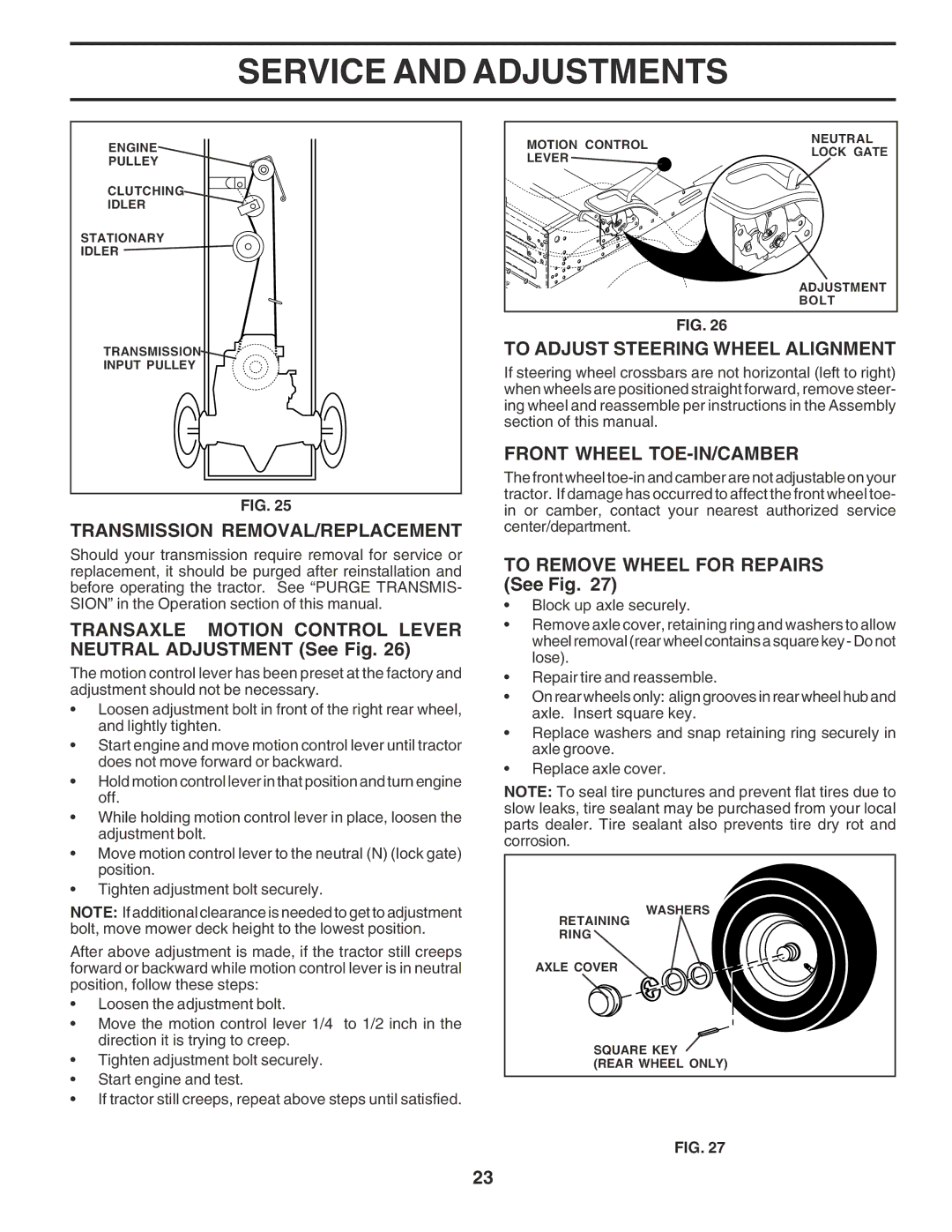 Poulan 182770 owner manual Transmission REMOVAL/REPLACEMENT, Transaxle Motion Control Lever Neutral Adjustment See Fig 