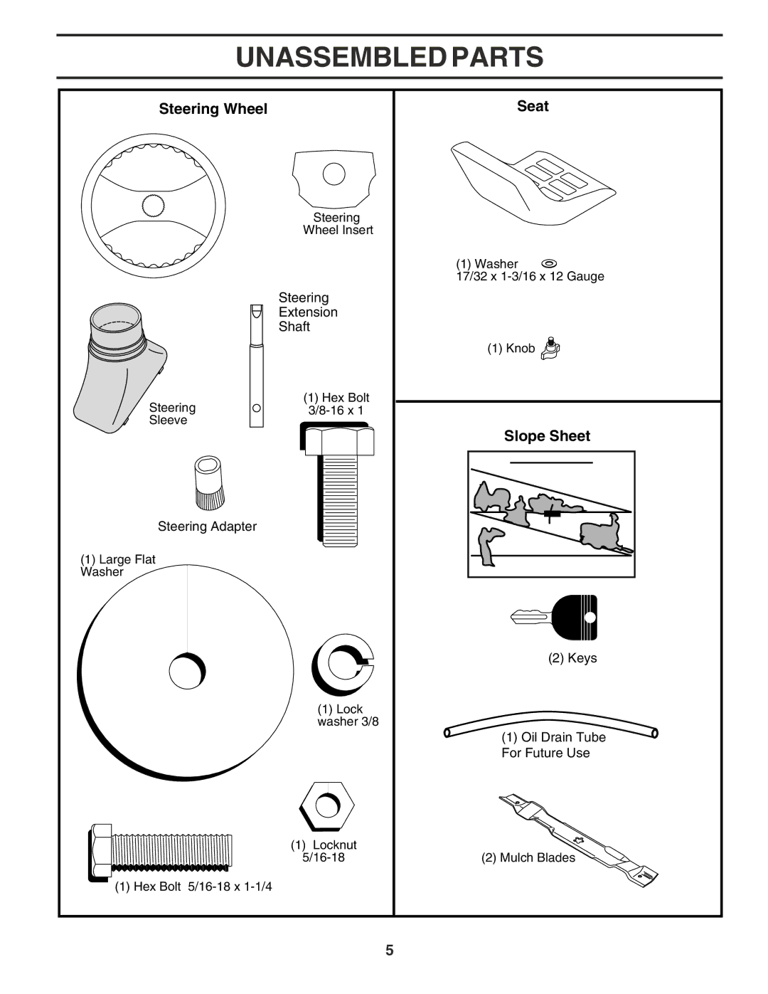 Poulan 182770 owner manual Unassembled Parts, Steering Wheel Seat, Slope Sheet 