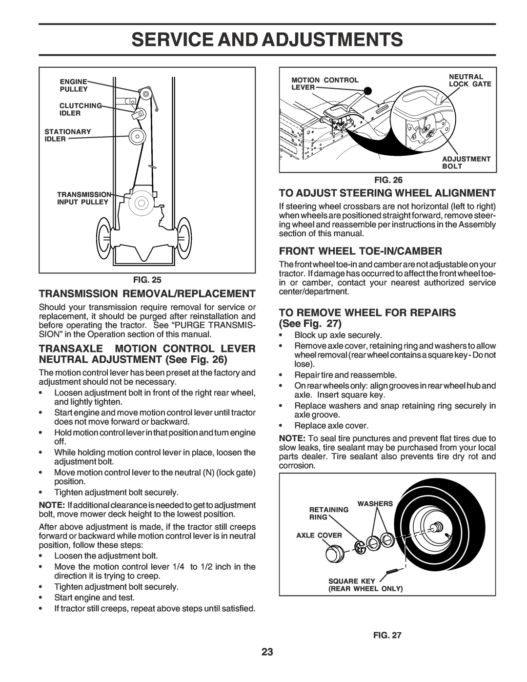 Poulan 182770 owner manual Transmission Removal/Replacement, To Adjust Steering Wheel Alignment, Front Wheel Toe-In/Camber 