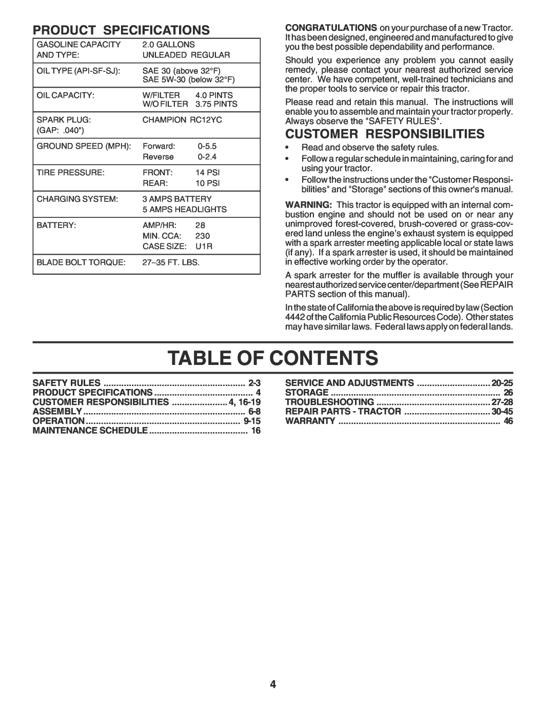 Poulan 182770 owner manual Table Of Contents, Product Specifications, Customer Responsibilities 