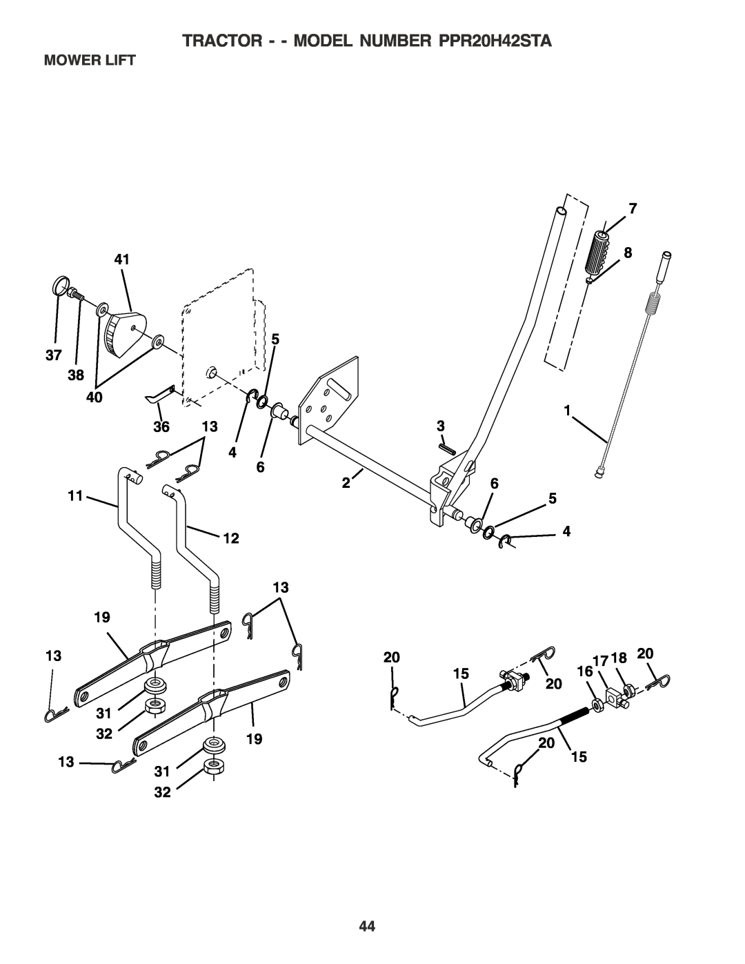 Poulan 182770 owner manual Mower Lift, 41 37 38 40 11 19 13, TRACTOR - - MODEL NUMBER PPR20H42STA 