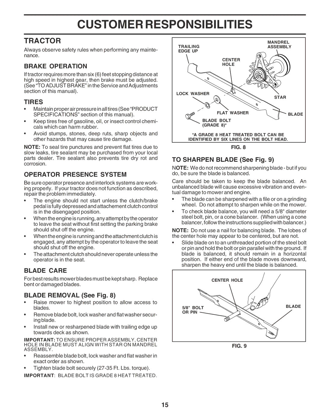 Poulan 182946 manual Tractor, Brake Operation, Tires, Operator Presence System, Blade Care 