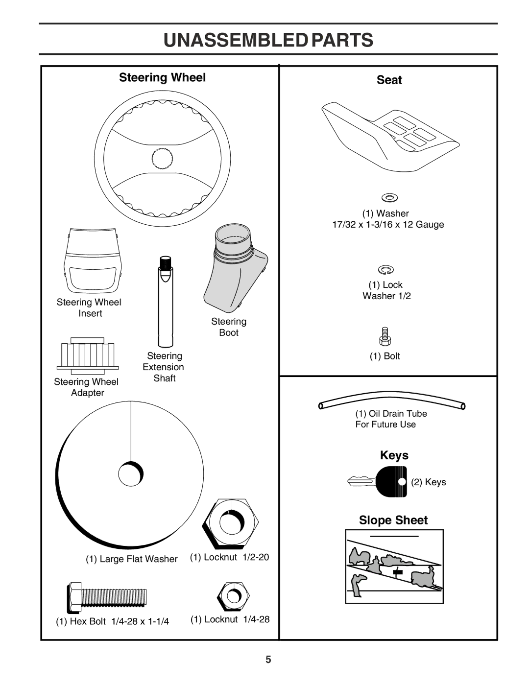 Poulan 182946 manual Unassembled Parts, Steering Wheel Seat 