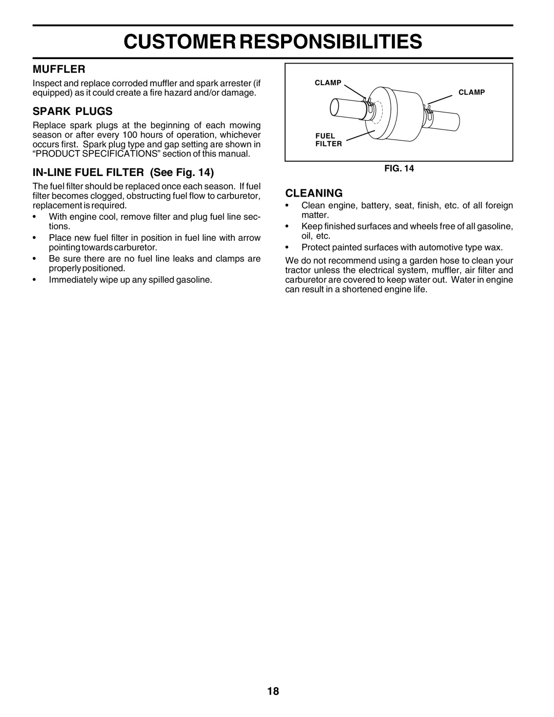 Poulan 182946 manual Muffler, Spark Plugs, IN-LINEFUEL FILTER See Fig, Cleaning, Customer Responsibilities 