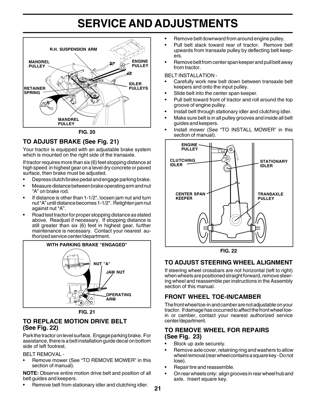 Poulan 182946 manual TO ADJUST BRAKE See Fig, TO REPLACE MOTION DRIVE BELT See Fig, To Adjust Steering Wheel Alignment 