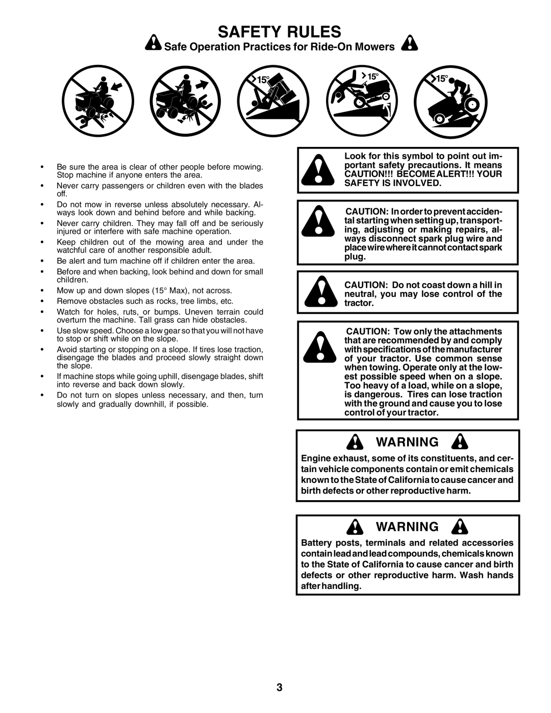 Poulan 182946 manual Safety Rules, Safe Operation Practices for Ride-OnMowers 